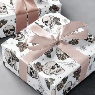 Papel De Regalo Halloween de gótico de cráneo negro y blanco y flo