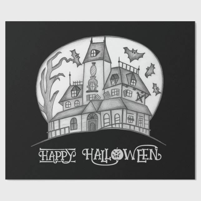 Papel De Regalo Halloween de Haunted House y Bats (Superficie plana)
