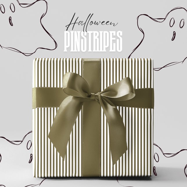 Papel De Regalo Halloween de la pastelería blanca y verde del bosq (Elegant Halloween Pinstripes Wrapping Paper in Haunted Forest Green for Fall Birthday & Autumn Party)