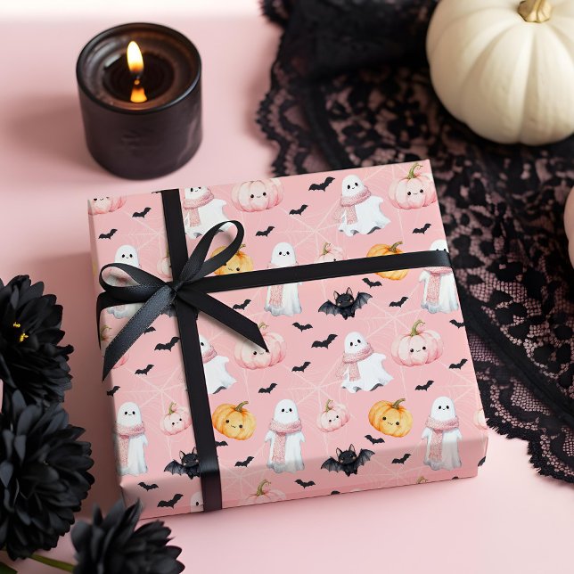 Papel De Regalo Halloween de la web de bromas de murciélago Fun Cu (Fun Cute Ghost bat pumpkin & Spider Web Halloween Wrapping Paper)