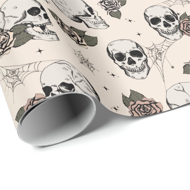 Papel De Regalo Halloween de Rosas y calaveras góticas blancas ant (Esquina del rollo)
