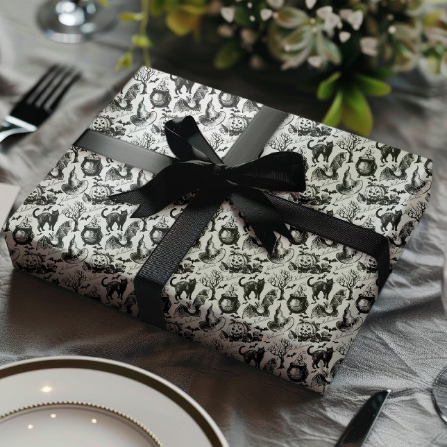 Papel De Regalo Halloween de sombreros negros, murciélagos y calab (Subido por el creador)