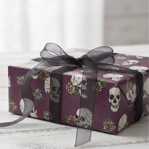 Papel De Regalo Halloween espeluznante morado de cráneo pequeño