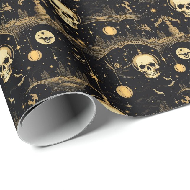 Papel De Regalo 💀 Halloween - espeluznante 😱 negro y amarillo (Esquina del rollo)