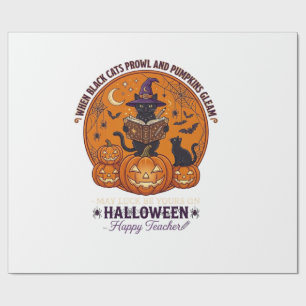 Papel De Regalo Halloween Feliz Profesor Gato Negro Sombrero de Br