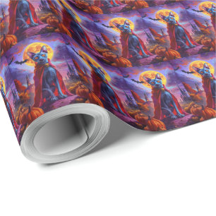 Papel De Regalo Halloween Gato Azul Oriental Vampiro Calabazas Esp