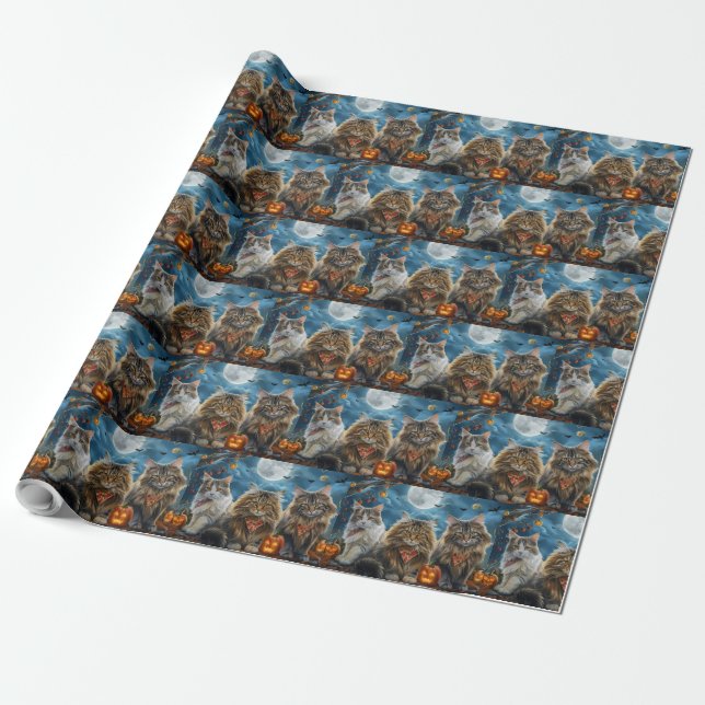 Papel De Regalo Halloween gato siberiano espeluznante (Desenrollado)