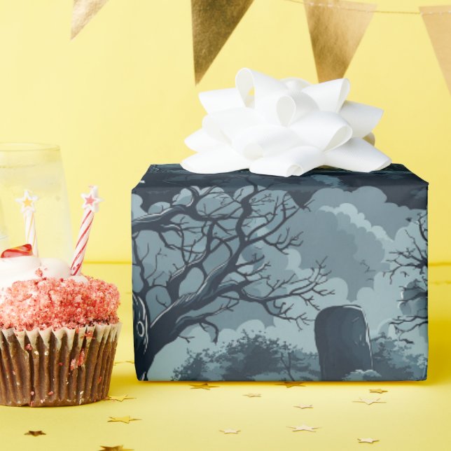 Papel De Regalo Halloween Graveyard Creepy Treepy Ghost Moon Night (Fiesta de cumpleaños )