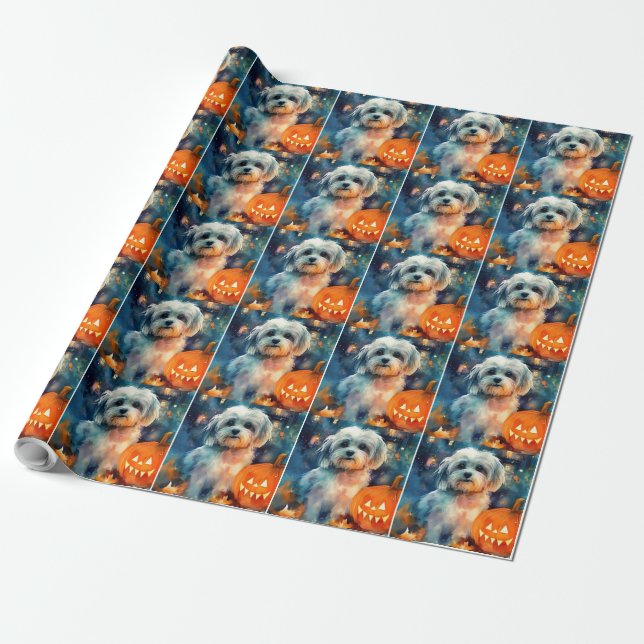 Papel De Regalo Halloween Havanese con calabazas aterradoras (Desenrollado)