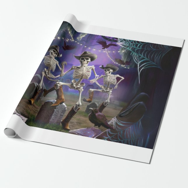 Papel De Regalo Halloween Hoedown, esqueletos bailarines Horiz (Desenrollado)