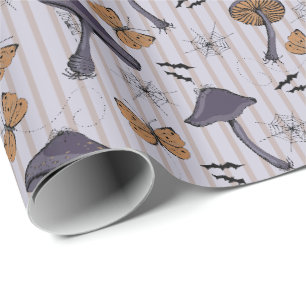 Papel De Regalo Halloween hongos y mariposa de lavanda a rayas