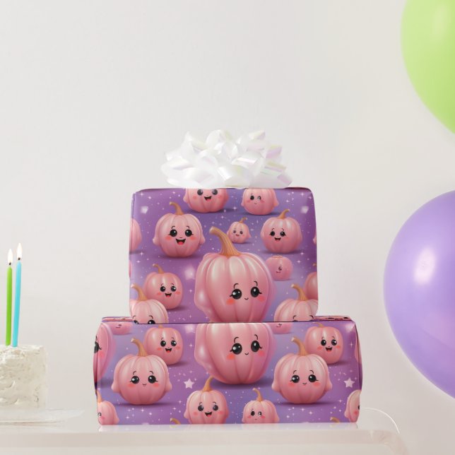 Papel De Regalo Halloween niños con un patrón de calabaza rosa (Regalos de fiesta)