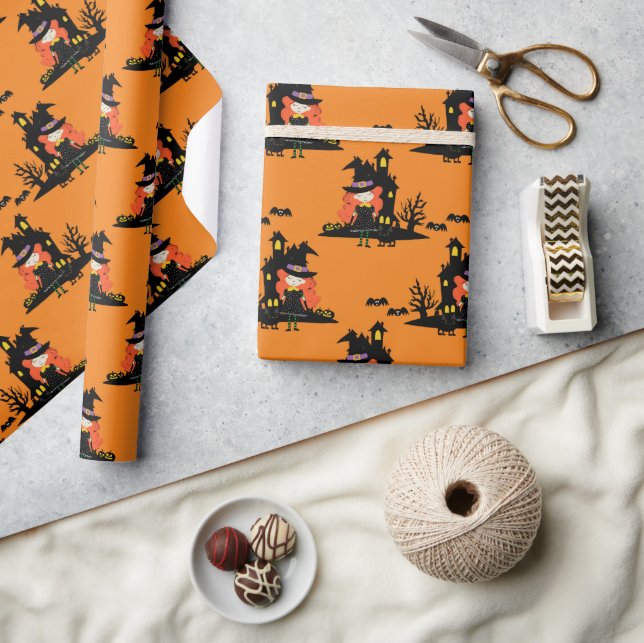 Papel De Regalo Halloween obsesionado Naranja de la casa de brujas (Artesanía)