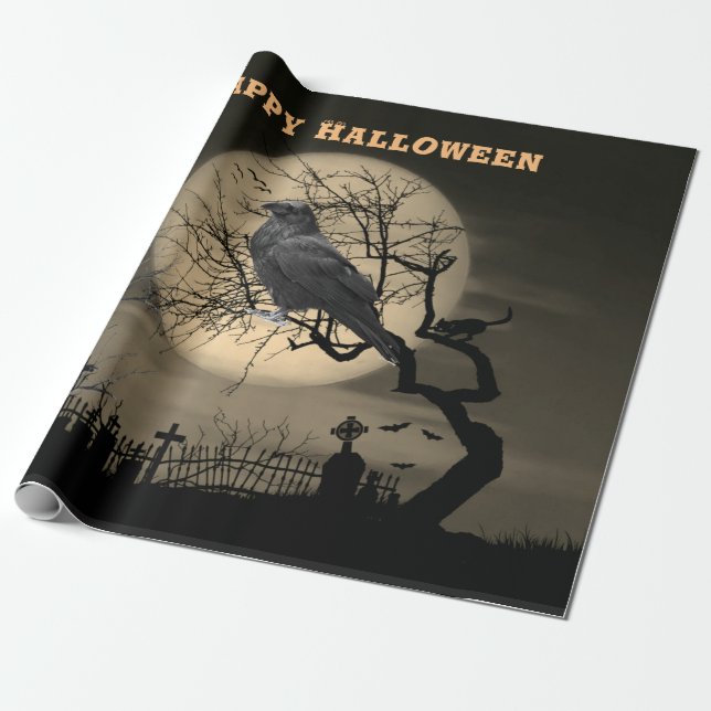 Papel De Regalo Halloween oscuro con miedo con raven (Desenrollado)