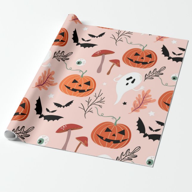 Papel De Regalo Halloween Pumpkin Ghost Autumn Wrapping Paper (Desenrollado)