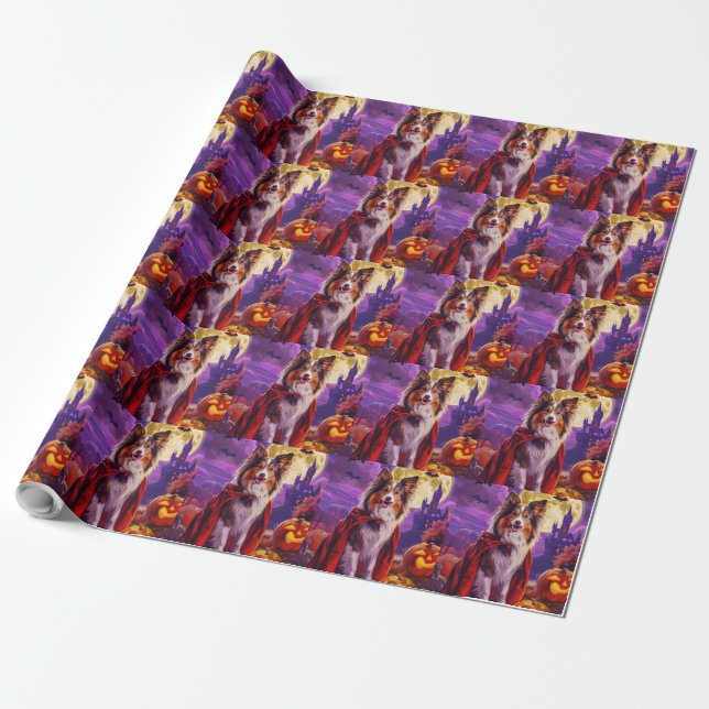 Papel De Regalo Halloween Shetland Sheepdog Vampis Pumpkins Scary (Desenrollado)