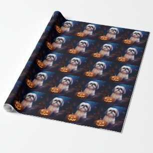 Papel De Regalo Halloween Shih Tzu con calabazas aterradoras