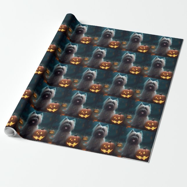 Papel De Regalo Halloween Skye Terrier con calabazas aterradoras (Desenrollado)