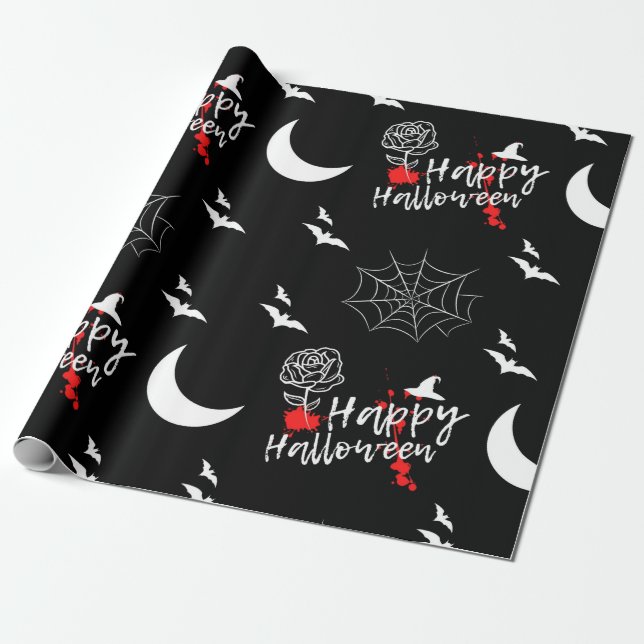 Papel De Regalo Halloween Spooky Black and White Happy (Desenrollado)