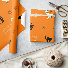 Papel De Regalo Halloween Spooky Cat Ghost Witch Fun Personalizado