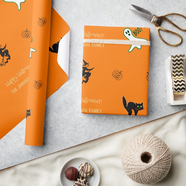 Papel De Regalo Halloween Spooky Cat Ghost Witch Fun Personalizado (Halloween Spooky Cat Ghost Witch Fun Custom Text Wrapping Paper)