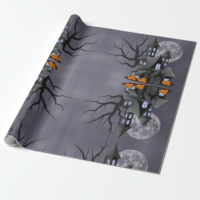Papel De Regalo Halloween Spooky Haunted House & Pumpkin (Desenrollado)