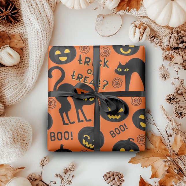 Papel De Regalo Halloween Trick or Treat Black Cat Gothic Pumpkins (Halloween Trick or Treat Black Cat Gothic Pumpkins Wrapping Paper)