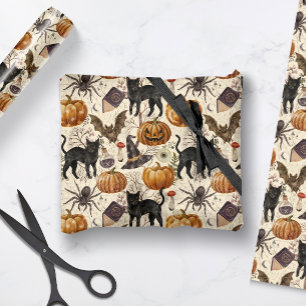 Papel De Regalo Halloween Vintage Gatos Negros y Calabazas