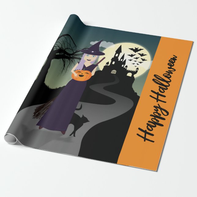 Papel De Regalo Halloween Witch Pumpkin Black cat Tu texto (Desenrollado)