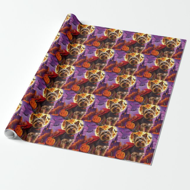 Papel De Regalo Halloween Yorkshire Terrier Vampier Pumpkins Scary (Desenrollado)