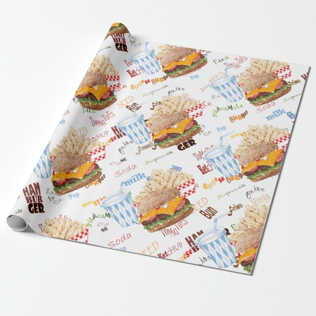 Papel De Regalo Hamburguesa Patatas Comida Rápida Barbacoa Restaur (Desenrollado)
