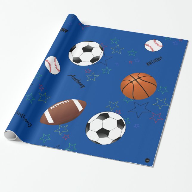 Papel De Regalo HAMbyWG Sports Balls con estrellas y nombre - Envo (Desenrollado)