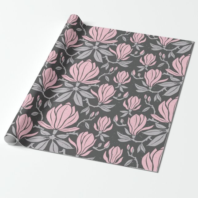 Papel De Regalo Hand-drawn seamless pattern with magnolia flowers. (Desenrollado)