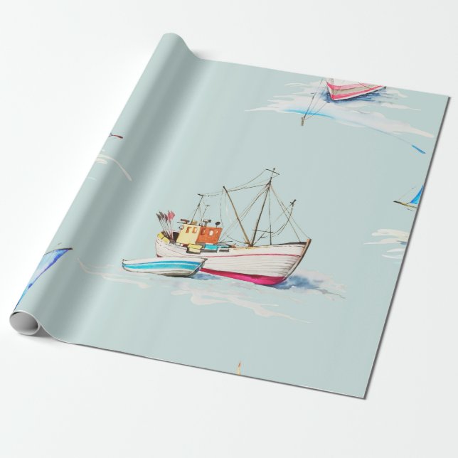 Papel De Regalo hand drawn watercolor sailboat illustrationsailboa (Desenrollado)