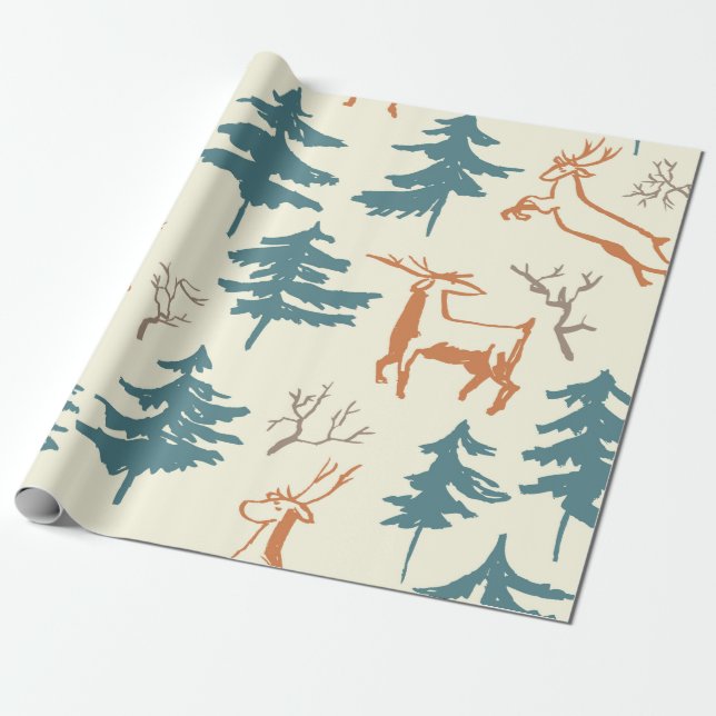 Papel De Regalo Hand drawn winter seamless pattern with deer and p (Desenrollado)
