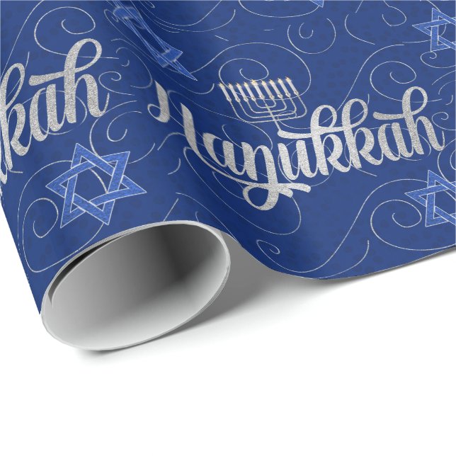 Papel De Regalo Hanukkah azul y plata con Estrella de David (Esquina del rollo)