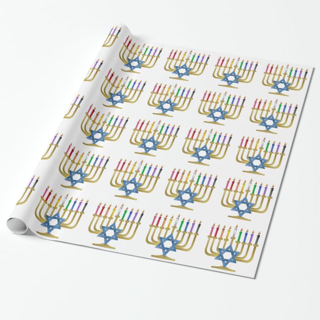 Papel De Regalo Hanukkah Candles Rainbow Gold Menorah (Desenrollado)
