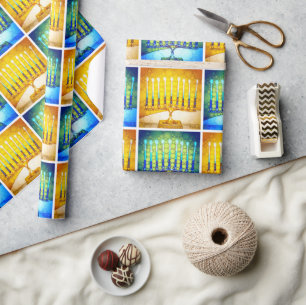 Papel De Regalo Hanukkah Color amarillo Menorahs Patrón Moda moder