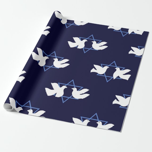 Papel De Regalo Hanukkah Dove Peace Star de David Patterned (Desenrollado)