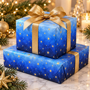 Papel De Regalo Hanukkah Estrellas Doradas con Ombré Azul