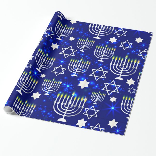 Papel De Regalo Hanukkah Menorah azul y plata (Desenrollado)