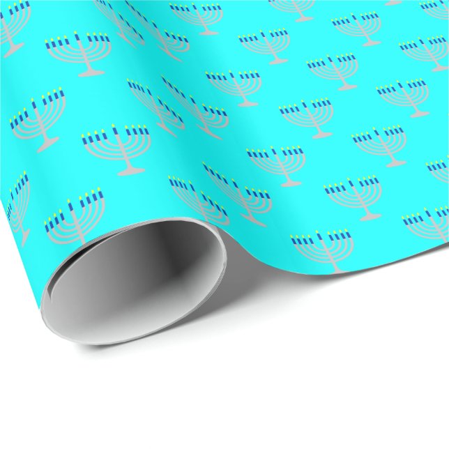 Papel De Regalo Hanukkah Plata Menorah en Aqua Blue (Esquina del rollo)
