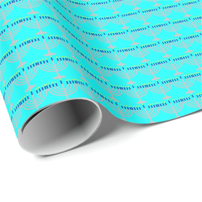 Papel De Regalo Hanukkah Plata Menorah en Aqua Blue (Esquina del rollo)