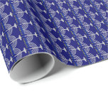 Papel De Regalo Hanukkah Plata Menorah en azul marino<br><div class="desc">Papel envuelto con menorah de plata con velas azules y patrón de llama de velas amarillas en un fondo azul marino. ¡Personalizable. Perfecto para la fiesta judía de Hanukkah (Chanukah).</div>