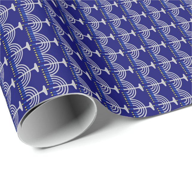 Papel De Regalo Hanukkah Plata Menorah en azul marino (Esquina del rollo)