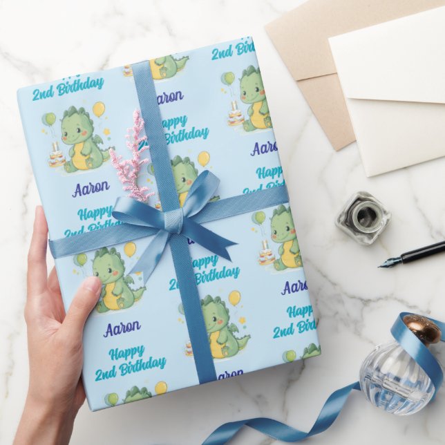 Papel De Regalo Happy 2nd Birthday, Dragon, Boy, Personalized  (Regalar)