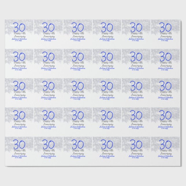 Papel De Regalo Happy 30th wedding anniversary silver blue glitter (Superficie plana)