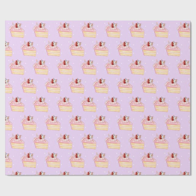 Papel De Regalo Happy Birthday Cute Strawberry Shortcake and Mochi (Superficie plana)