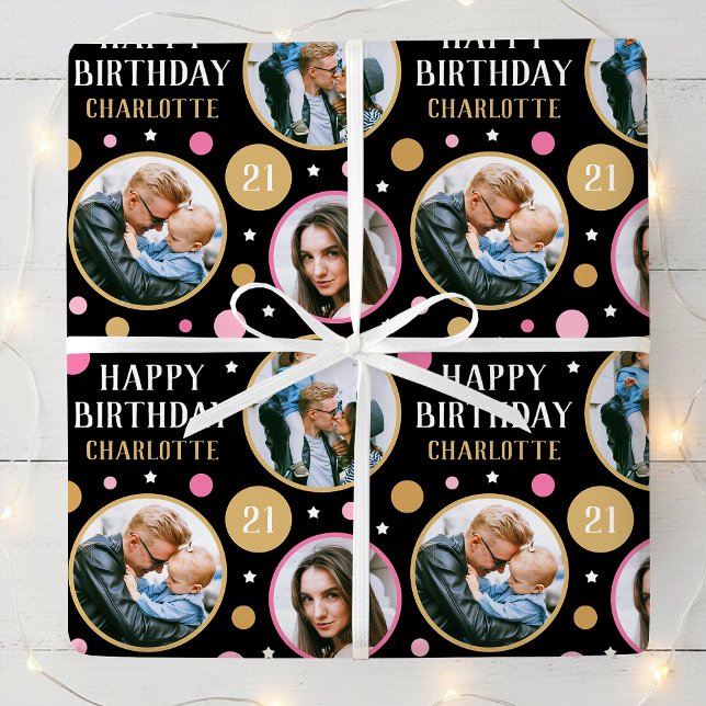 Papel De Regalo Happy Birthday Photo Collage Any Age 21st Pink (Subido por el creador)