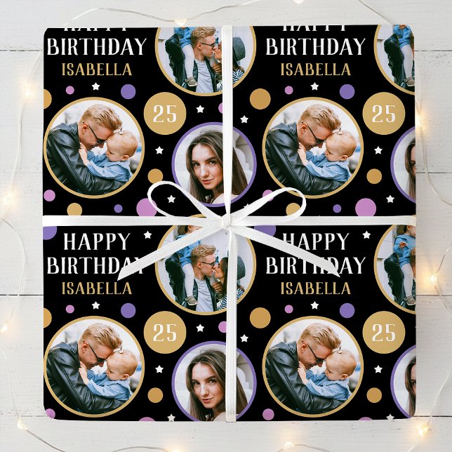 Papel De Regalo Happy Birthday Photo Collage Any Age 25th Purple (Subido por el creador)